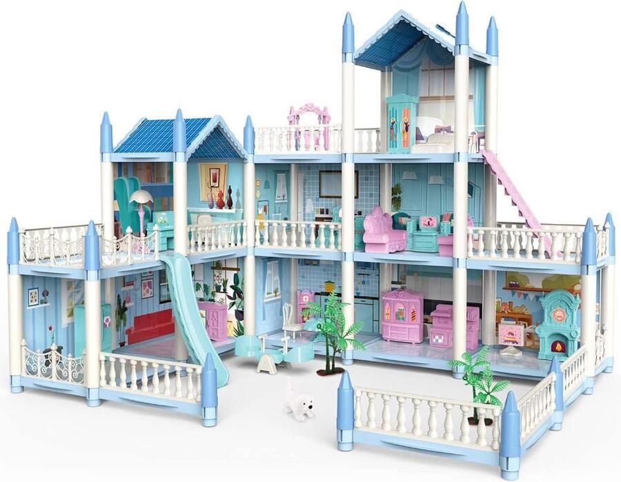 Dailysupplies Poppenhuis Houten Poppenhuis met Meubels Kinderspeelgoed 1 jaar en Ouder Blauw met Wit