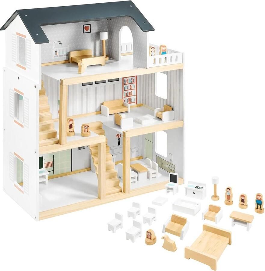 Dailysupplies Poppenhuis Houten Poppenhuis met Meubels Kinderspeelgoed 1 jaar en Ouder Wit