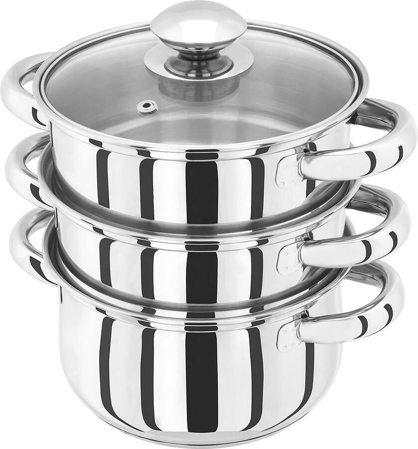 Dailysupplies Stoompan Stoommandje Stoofpan met Deksel 3 Laags Zilver