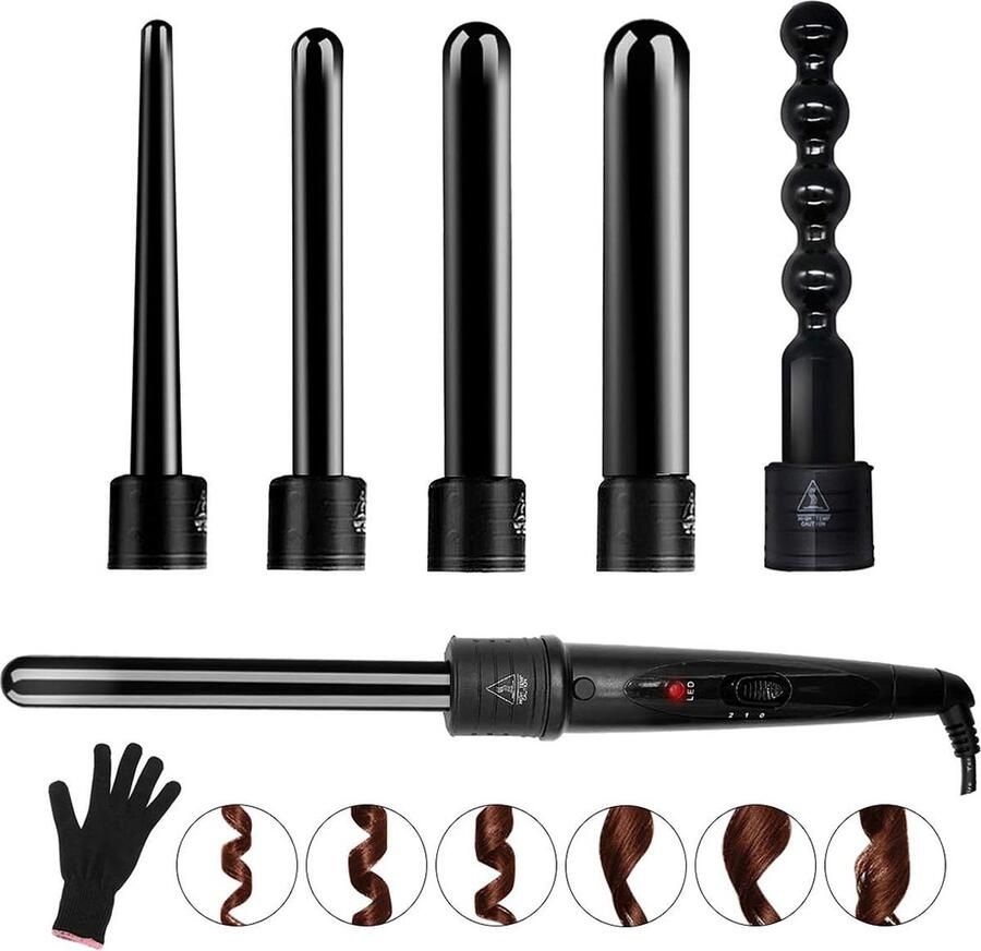 Dailysupplies Wafeltang Voor Dik en Dun Haar Krultang 6 in 1 – Wave Tang Voor krullen – Krultang 5 in 1 met Handschoenen Zwart