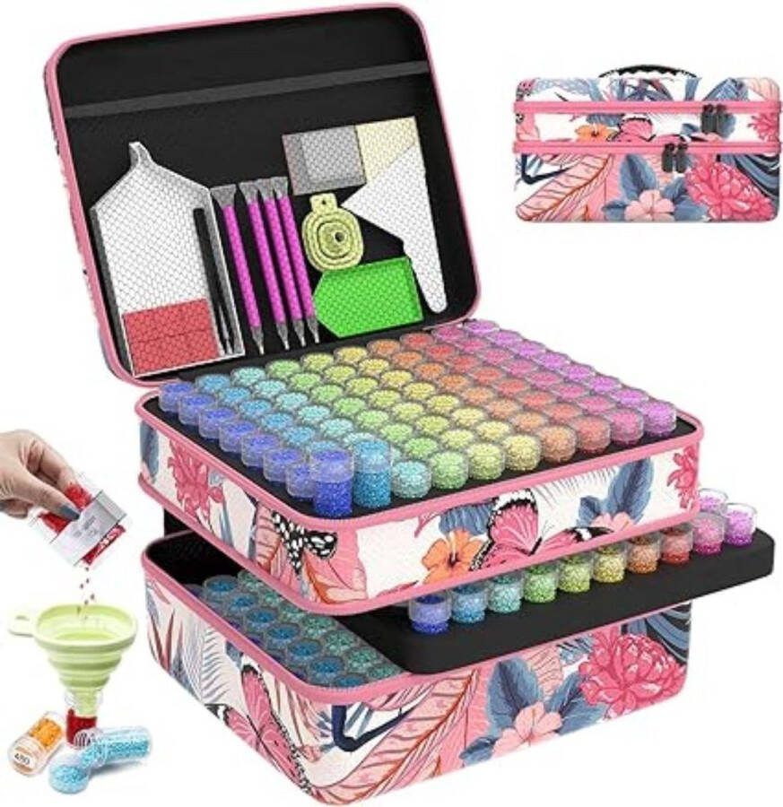 Dailysupplies Diamond Painting Accessoires Opbergdoos Sorteerdoos voor Volwassenen en Kinderen Roze Bloemen Koffer