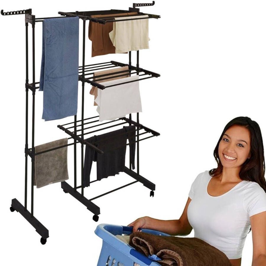 Dailysupplies Droogmolen met Voet voor Camping & Thuis Wasrek Staand Droogrek Inklapbaar Zwart