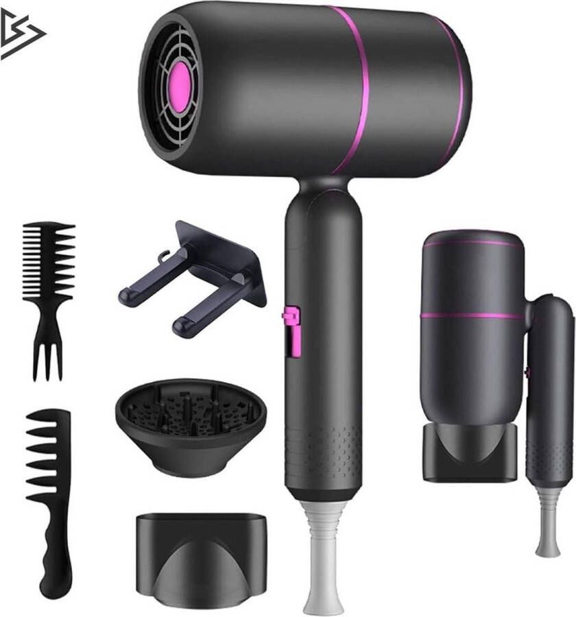 Dailysupplies Fohn met Diffuser Haardroger Krullen Haarfohn Fohnborstel Zwart met Roze