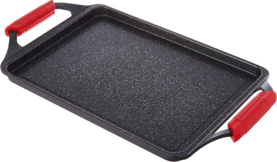 Dailysupplies Luxe Titanium Grillplaat Inductie met Anti-aanbaklaag Grillpan Inductie Rechthoekig met Siliconen Handvaten Gietijzer