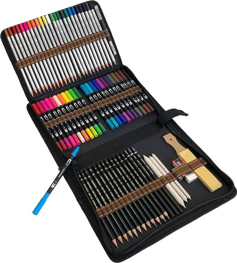 Dailysupplies Luxe Tekenkoffer Kinderen Tekendoos Kleurpotloden Stiften Zwart