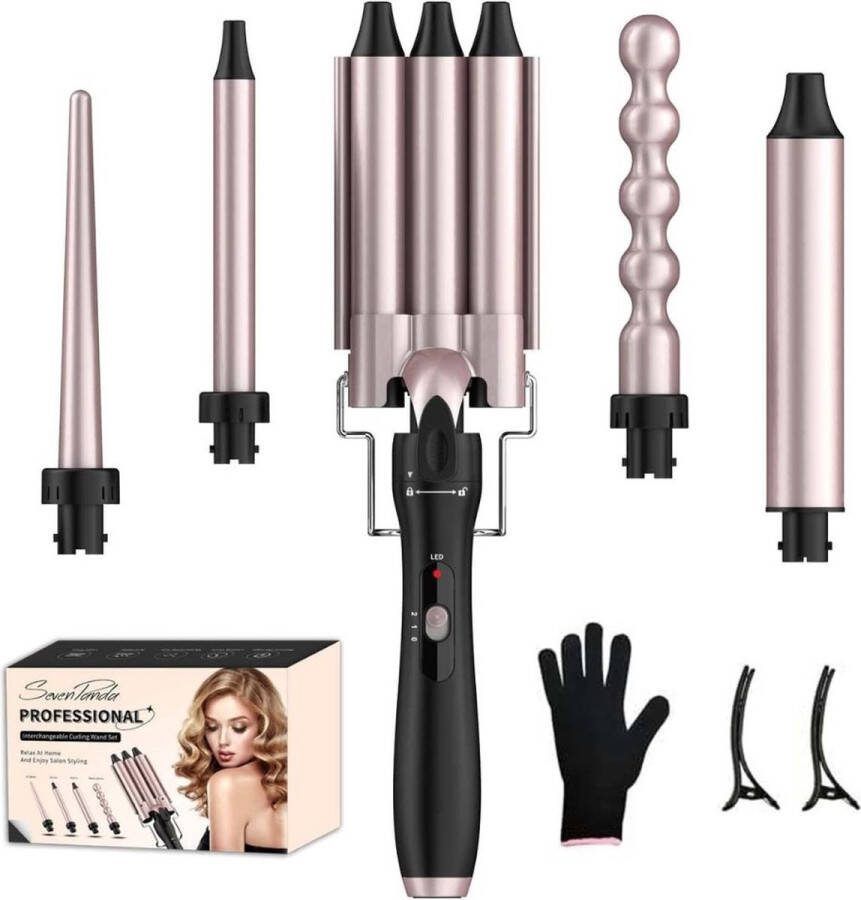 Dailysupplies Luxe Wafeltang – Wafeltang Voor Dik en Dun Haar Krultang 5 in 1 – Wave Tang Voor krullen – Krultang met Handschoenen – Met Haarspelden Rose