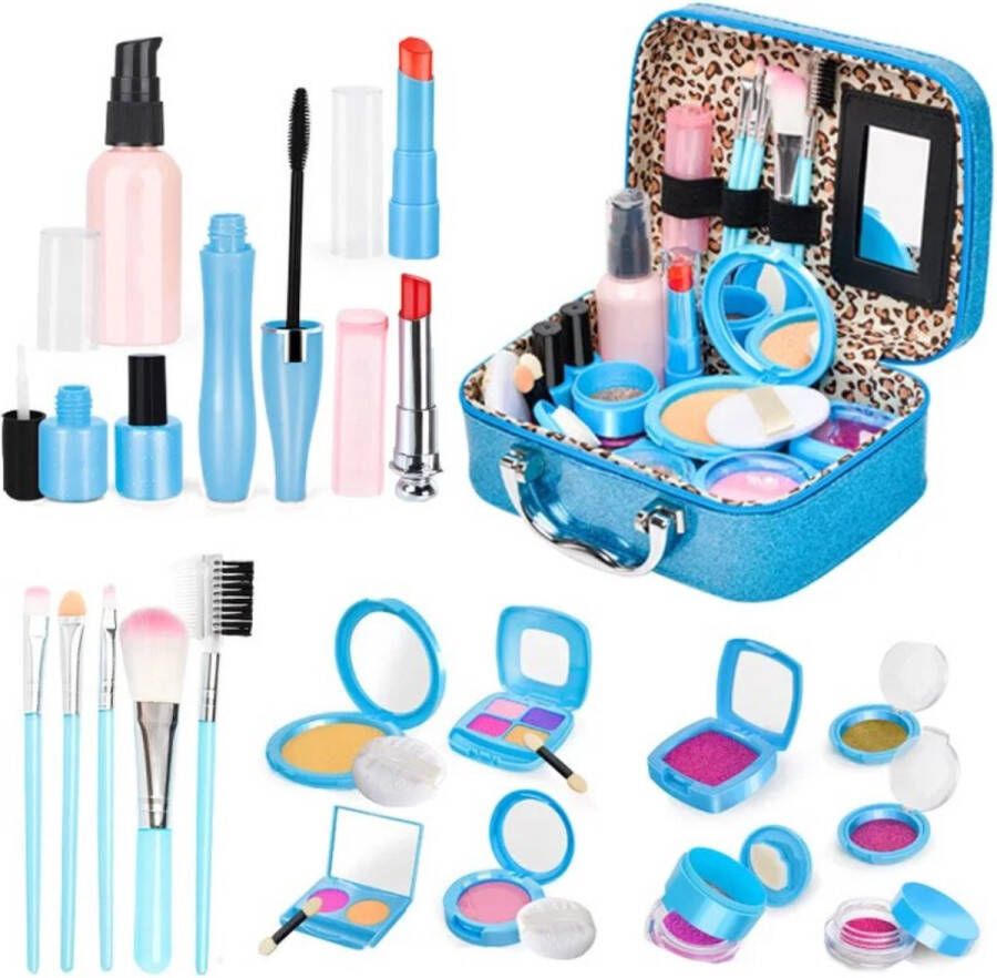 Dailysupplies Make Up Koffer Meisjes- Kinder Speelkoffer -Make-upgeschenkset -Makeupset voor Kinderen -23delige Blauwe Glitter koffer- Nagellak- Lippenstift -Wenkbrauwborstel -Oogschaduw