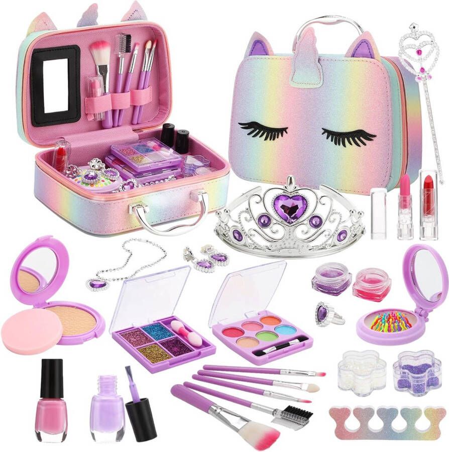 Dailysupplies Make Up Koffer Meisjes- Kinder Speelkoffer -Make-upgeschenkset -Makeupset voor Kinderen -29delige -Regenboog kleur -Nagellak- Lippenstift -Wenkbrauwborstel -Oogschaduw -Kroontje -Ketting