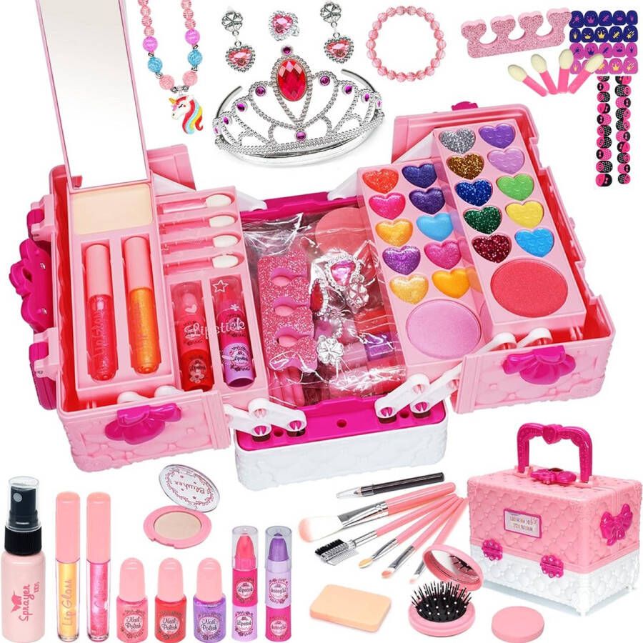 Dailysupplies Make Up Koffer Meisjes- Kinder Speelkoffer -Make-upgeschenkset -Makeupset voor Kinderen -57delige Roze met Wit- Nagellak- Lippenstift -Wenkbrauwborstel -Oogschaduw