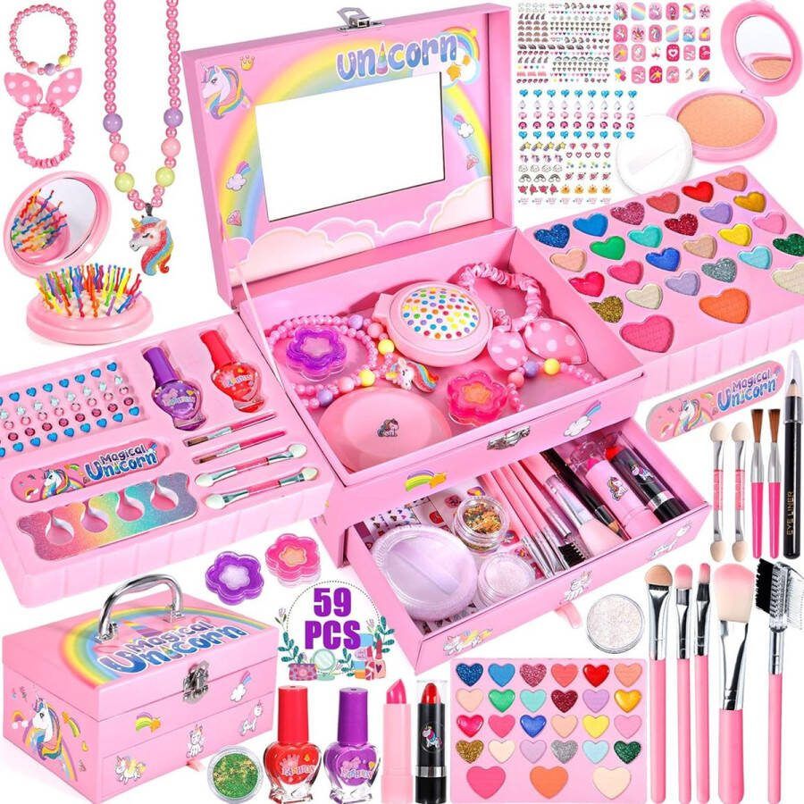 Dailysupplies Make up koffer meisjes- Kinder speelkoffer- Make-upset voor kinderen- Make-upgeschenkset-Roze-Nagellak- 59delige-Lippenstift-Wenkbrauwborstel