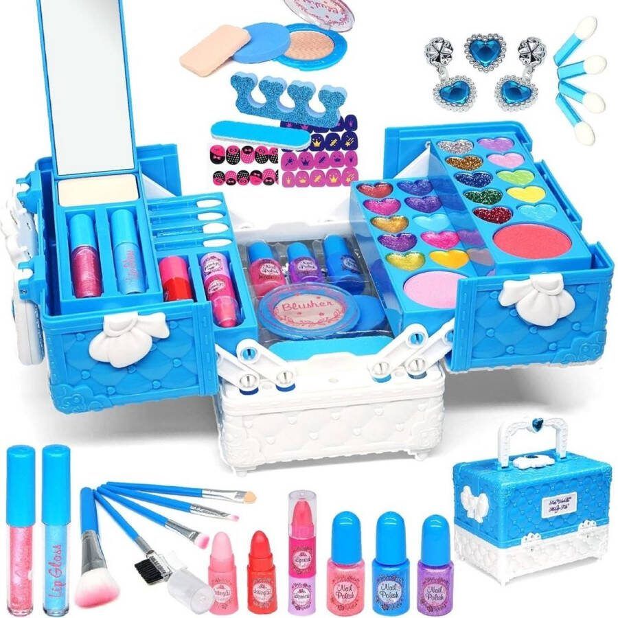 Dailysupplies Make up Koffer Meisjes Kinder Speelkoffer Make-upset Voor Kinderen Make-upgeschenkset 48delige Blauw met Wit Voor jou Prinsesje