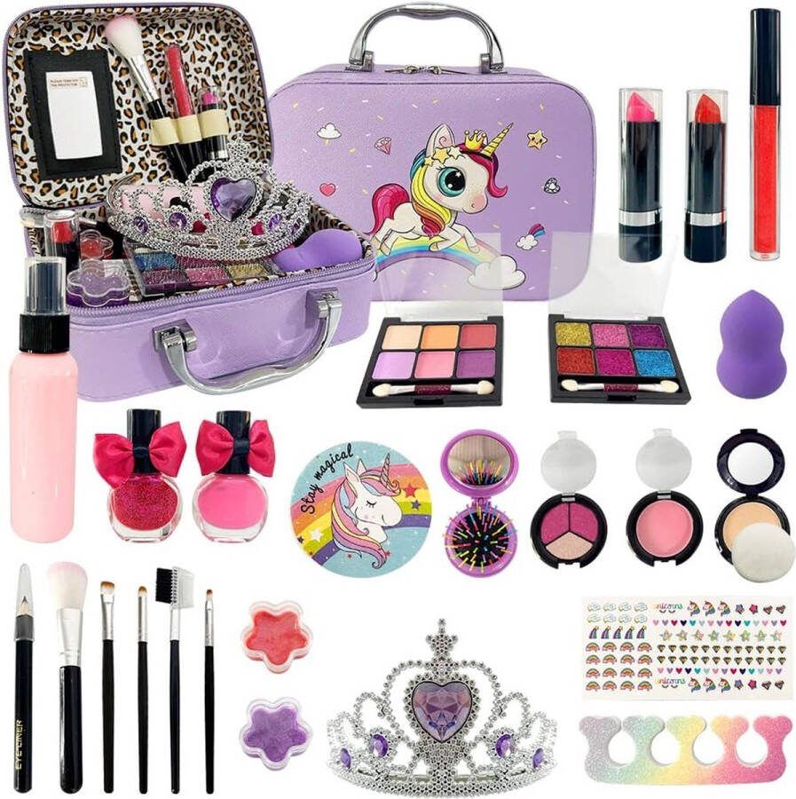 Dailysupplies Make up koffer meisjes- Kinder speelkoffer- Makeupset voor kinderen- Paars-Nagellak- Eenhoorn-Lippenstift-Wenkbrauwborstel-Oogschaduw-makeupkoffer