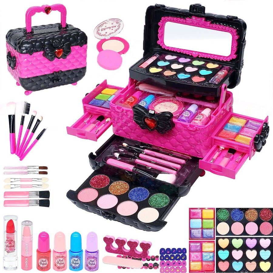 Dailysupplies Make up koffer meisjes- Kinder speelkoffer- Makeupset voor kinderen- Roze met Zwart-Nagellak- 43delige-Lippenstift-Wenkbrauwborstel