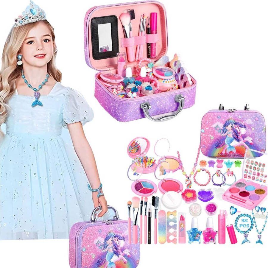 Dailysupplies Make up Koffer Meisjes Kinder Speelkoffer met Inhoud Make upset voor Kinderen Paarse Koffer met Eenhoorn Voor jouw Prinsesje