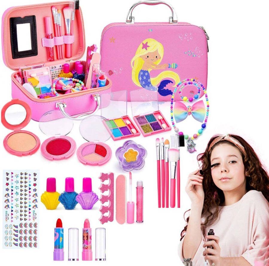 Dailysupplies Make up Koffer Meisjes Kinder Speelkoffer met Inhoud Make upset voor Kinderen Roze Koffer met Zeemeermin Voor jouw Prinsesje