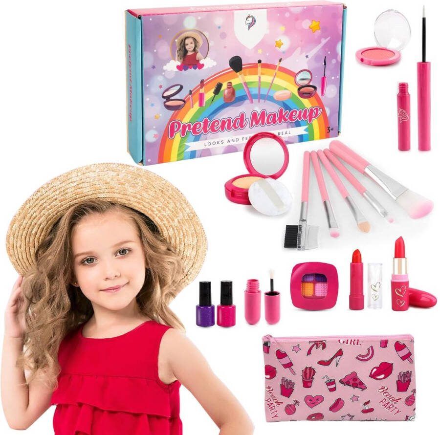 Dailysupplies Make up Koffer Meisjes Kinder Speelkoffer met Inhoud Make upset voor Kinderen Roze met Rode Print