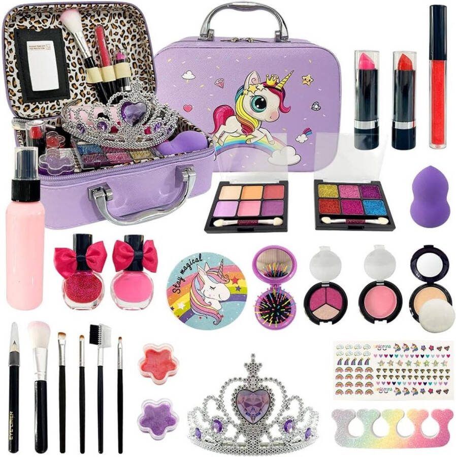 Dailysupplies Make up Koffer Meisjes Kinder Speelkoffer met Inhoud Makeupset voor Kinderen Paars met Eenhoorn Voor Jouw Prinsesje