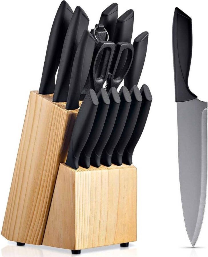 Dailysupplies Messenset met Blok Messensets Messenblok Koksmessen Keukenmessen Set RVS Super Scherp Hout met Zwarte Knife