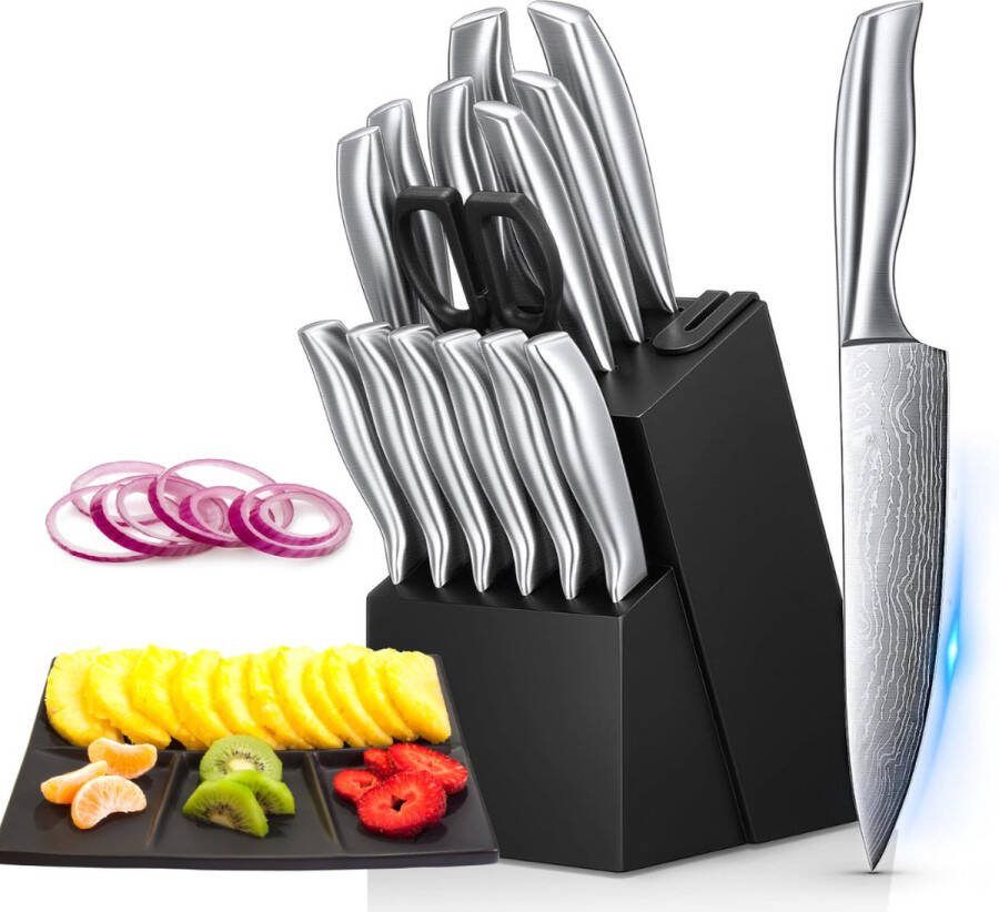 Dailysupplies Messenset met Blok Messensets met Messenblok Koksmes Keukenmessen Set Super Scherp Zilver