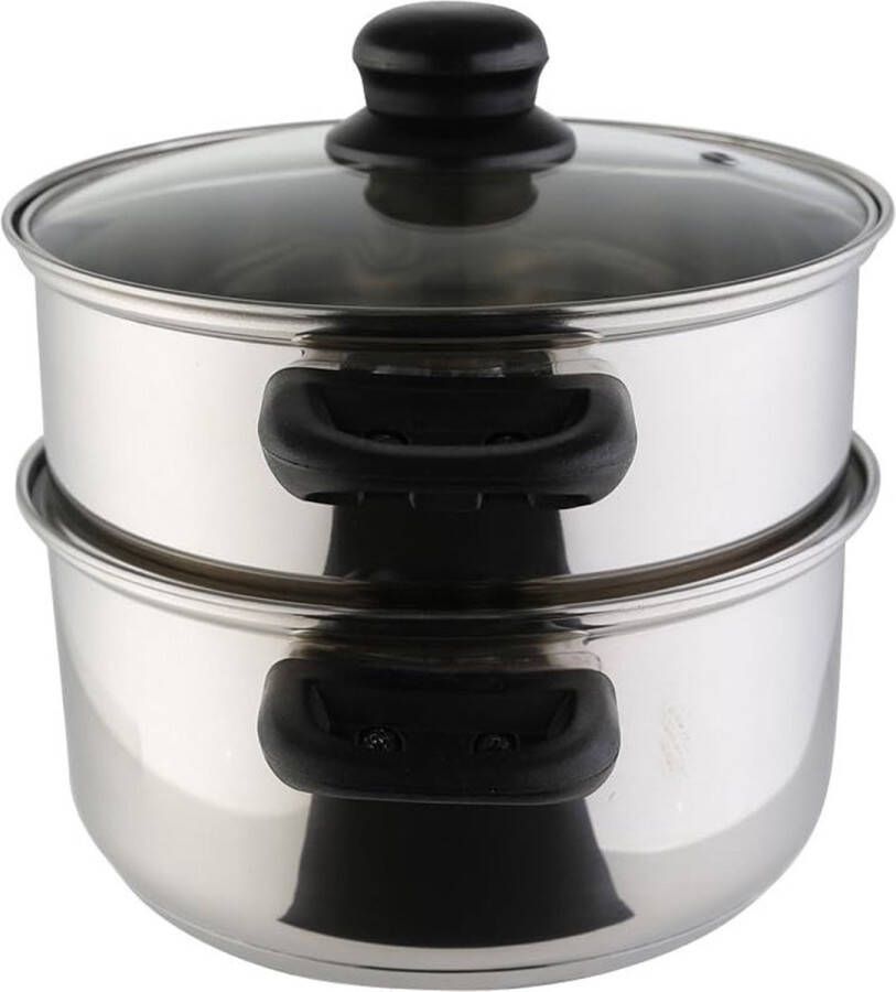 Dailysupplies Stoompan Stoommandje Stoofpan met Deksel 3 Laags Zilver met Zwart