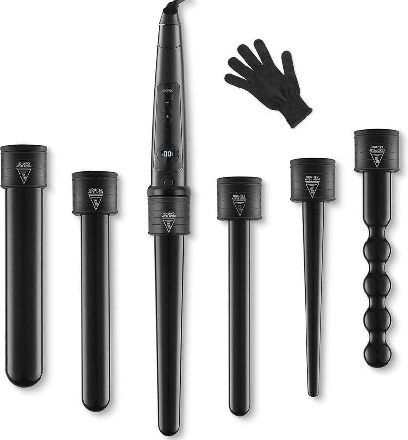 Dailysupplies Wafeltang Voor Dik en Dun Haar Krultang 6 in 1 – Wave Tang Voor krullen – Krultang 5 in 1 met Handschoenen Zwart met Paars
