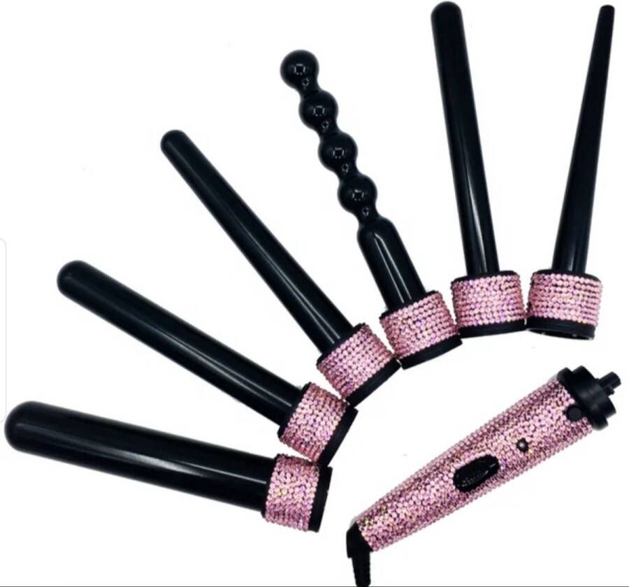 DAKANNA Krultang 6 in 1 Haarkruller Glitter Krullen Tang Kristallen DIY Hair Curler Roze Diamant Handvat Toermalijn Keramiek Strass Steentjes zijn Duurzaam