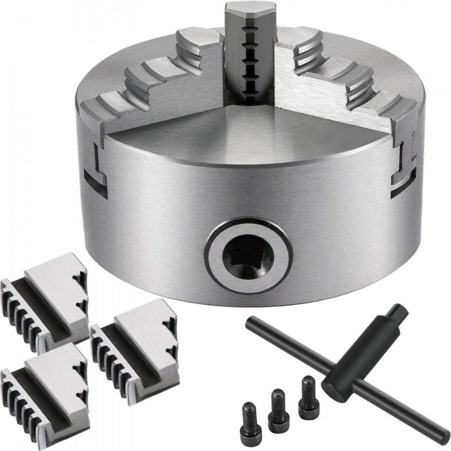 Dakta 3-Klauws Klauwplaat Metalen Draaibank Klauwplaat Zelfcentrerend 100 mm 3 Kaak Klauwplaat Montagedraad 3-M8 Groot Klembereik met Twee Sets Kaken voor CNC-draaibanken Slijpmachine Boormachine