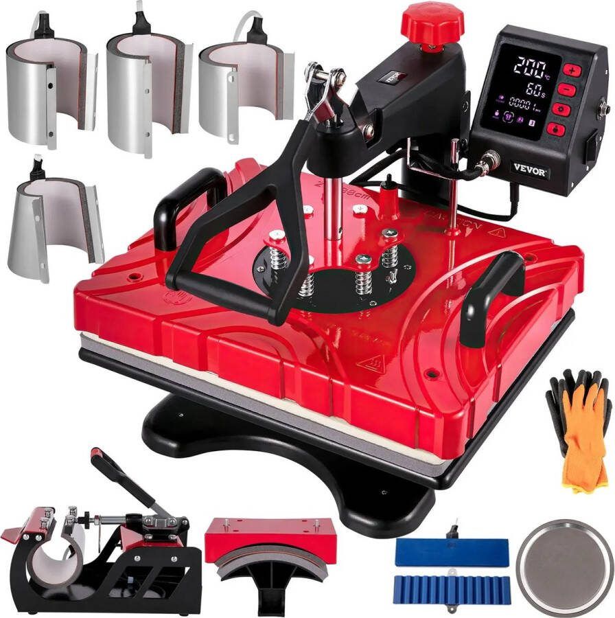 Dakta Heat Press Machine 12x15 Sublimatie Printer Digitaal LED-Display Transferpers 10 in 1 Rood Hittepers met Benodigde Accessoires voor Afdrukken van Afbeeldingen op T-shirts Hoeden Borden Bekers Pennen