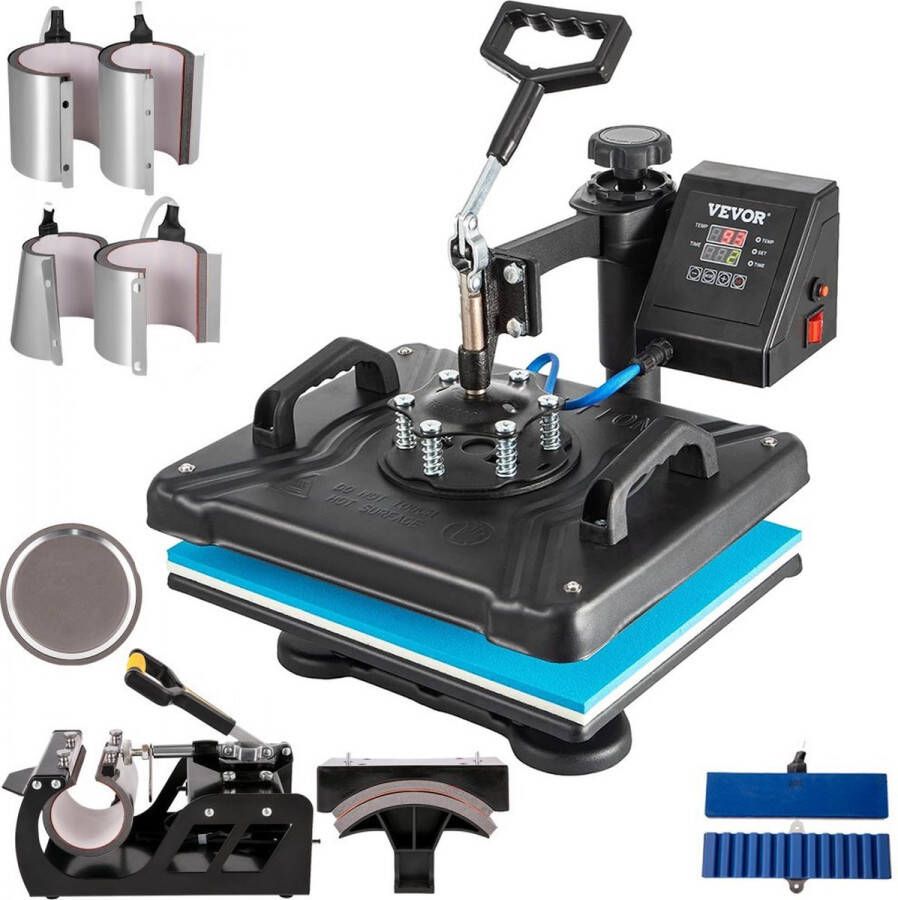 Dakta Heat Press Machine 12x15 Sublimatie Printer Digitaal LED-Display Transferpers 10 in 1 ZWART Hittepers met Benodigde Accessoires voor Afdrukken van Afbeeldingen op T-shirts Hoeden Borden Bekers Pennen