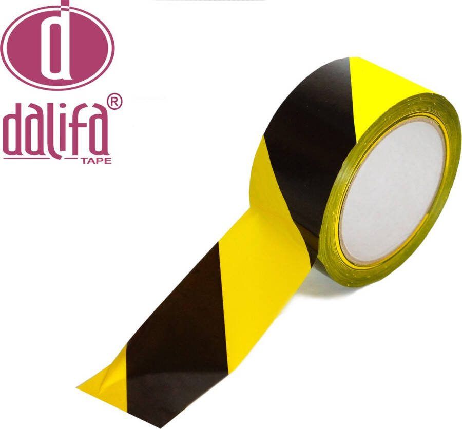 Dalifa-Tape Markeringstape PVC Geel-Zwart Waarschuwingstape. 50 mm breed x 66 meter lang. Zeer goede plakband voor gangen en muren of andere objecten waar voorzichtigheid geboden is. Gemaakt in Nederland 53 mµ sterk.