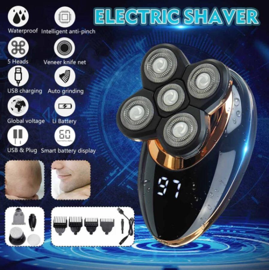 DALING Scheermachine 5 in 1| SK7510| Bald Shaver| Head Shaver| Skull Shaver| Baardtrimmer| Scheerapparaat Baard| Kaal hoofd| zwart met goud