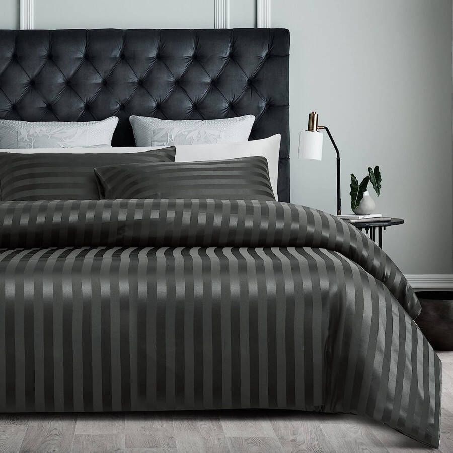 Damier Satijnen beddengoed 135 x 200 cm grijs zijdeachtig glanzend gestreept beddengoedset hoogwaardig luxe glanzend satijn dekbedovertrek met verborgen ritssluiting 135 × 200 cm + 80 × 80 cm