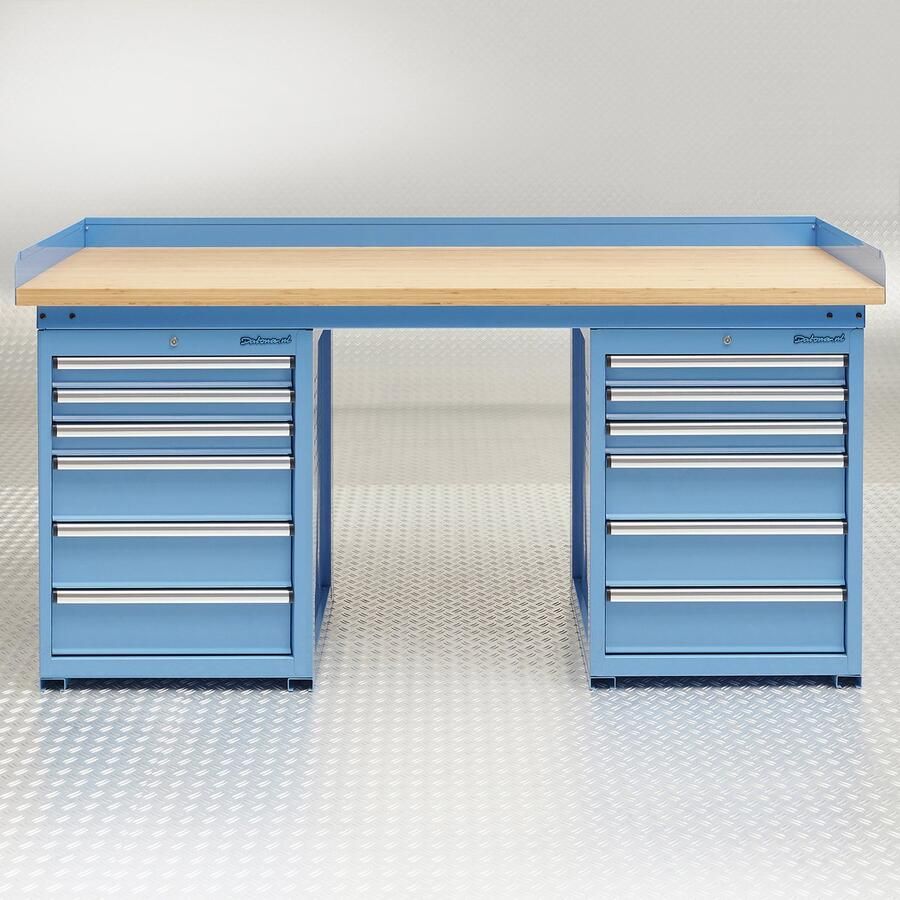 Datona Werkbank PRO bamboe werkblad 12 lades 200 cm Blauw