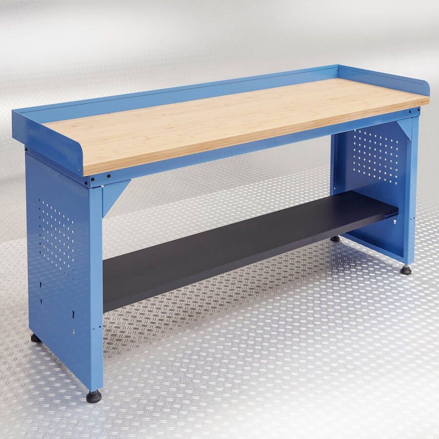 Datona Werkbank PRO blauw met bamboe werkblad 200 cm + bankschroef met extra brede klem Blauw