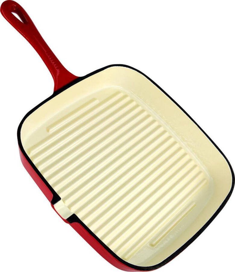 Daumonet Auguste Rouge gietijzeren grillpan Steakpan Vierkant met schenktuit 23 5 cm 2 liter Emaille Kersen rood Geschikt voor alle warmtebronnen Elektrisch Gas Halogeen Inductie Keramisch Vaatwasserbestendig