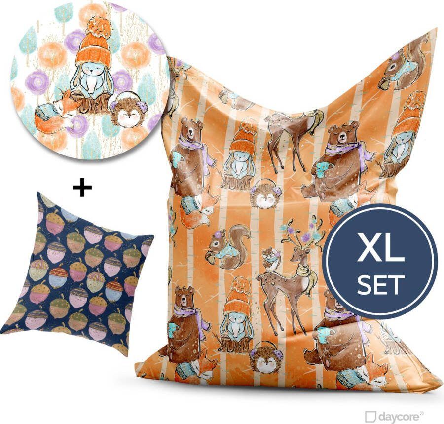Daycore Zitzak set Maat XL (135x175cm) + GRATIS sierkussen (maat 40x40cm) en behangcirkel! (100cm) Zitzak kind Kinderkamer accessoires Kinderkamer Bosdieren Vos en Haas Eekhoorn Uil Sierkussens