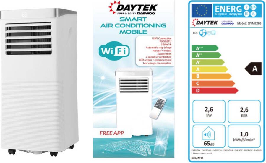 Daytek by Daewoo Mobiele Airco Model SYM8266 Airconditioning 9000 BTU (max 25m2) Energieklasse A Met Wifi connectie Afstandsbediening Timer 24-uurs