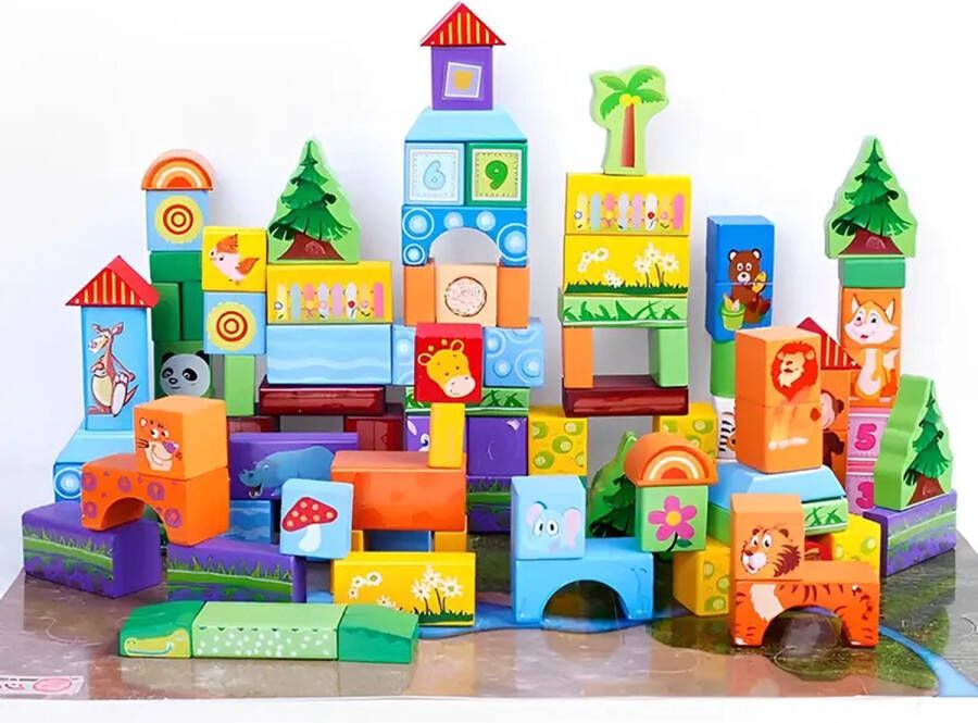 DBD Products DBD Speelgoed Speelblokkenset van hout 100 stuks dieren educatief kindvriendelijk