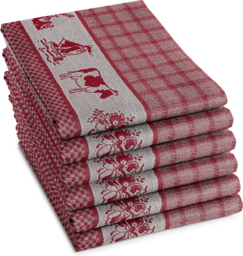 DDDDD 6x Theedoek Dutchie Set van 6 Katoen Geruit Nederlandse Print 60x65 cm Rood