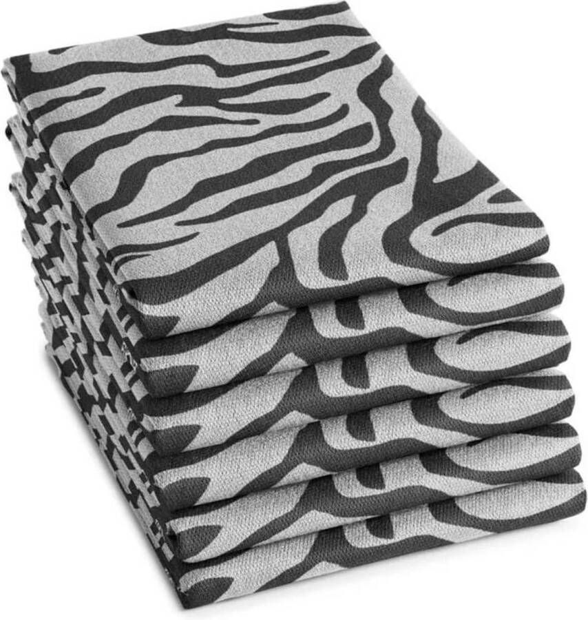 DDDDD Africa Theedoek Set van 6 Katoen Effen & Print 60x65 cm Zwart-wit