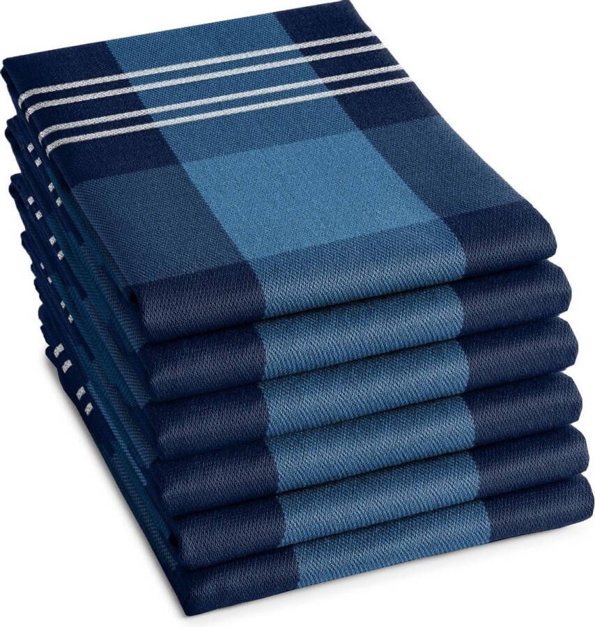 DDDDD Feller Theedoek Set van 6 Katoen Jacquard geweven rand 60x65 cm Geruit Blauw
