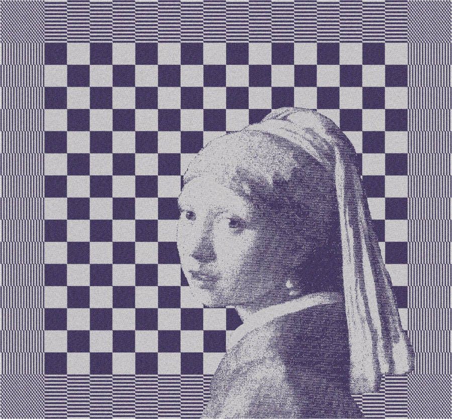 DDDDD Girl with a Pearl Theedoek Set van 6 Katoen Geruit met Print 60x65 cm Blauw