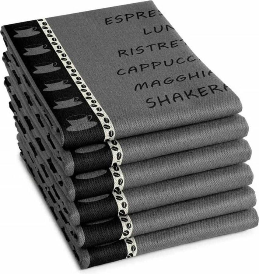 DDDDD Ristretto 6x Theedoek Set van 6 Katoen Koffieprint 60x65 cm Grijs