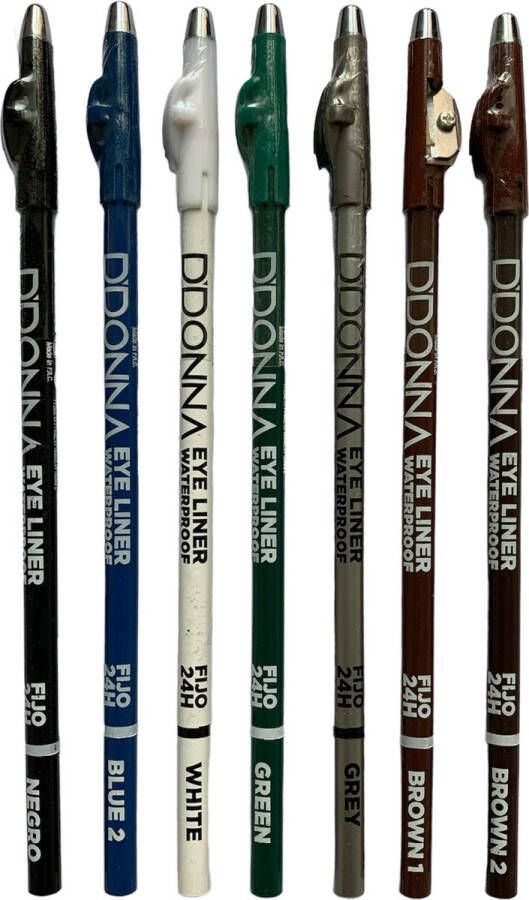 D'donna Set met 7 kleuren Extra lang oogpotlood met puntenslijper Eye Liner Waterproof Zwart Wit Blauw Groen Zilver Grijs Bruin Donker Bruin