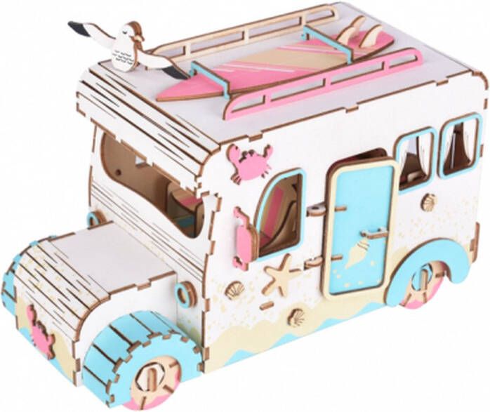 De Bouwplaats Bouwpakket 3D Puzzel Camper Kampeerauto van hout- gekleurd