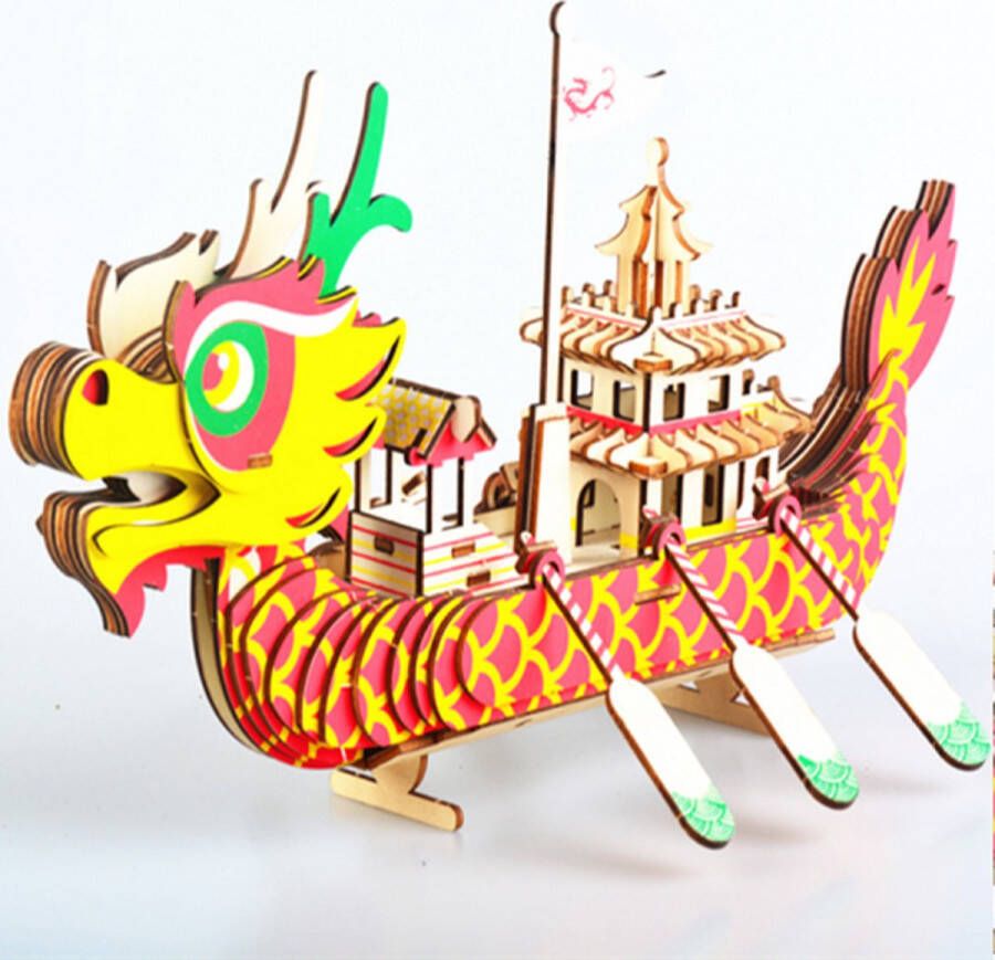 De Bouwplaats Bouwpakket 3D Puzzel Chinese Drakenboot van hout- gekleurd