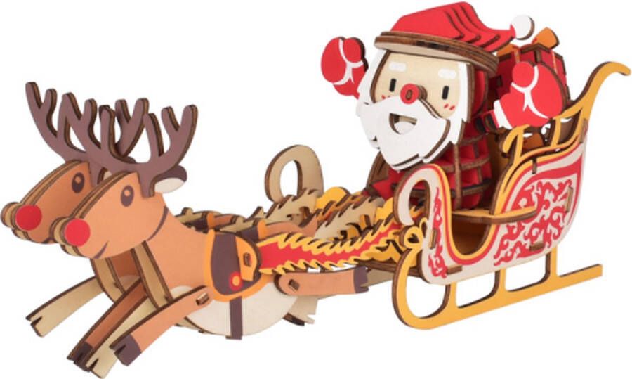 De Bouwplaats Bouwpakket 3D Puzzel Kerstman met Arreslee Kerst van hout- gekleurd
