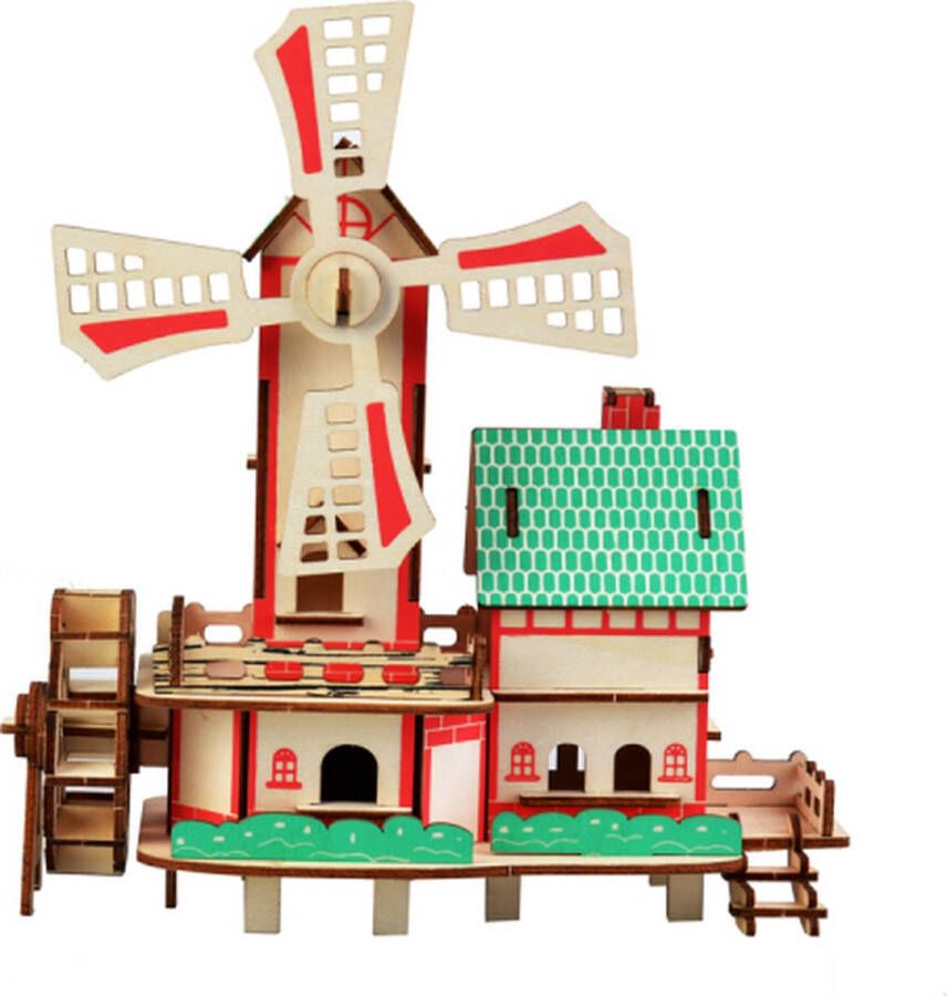 De Bouwplaats Bouwpakket 3D Puzzel Lucky Windmill Windmolen Molen van hout- gekleurd