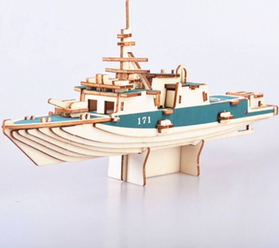 De Bouwplaats Bouwpakket 3D Puzzel Torpedojager van hout gekleurd