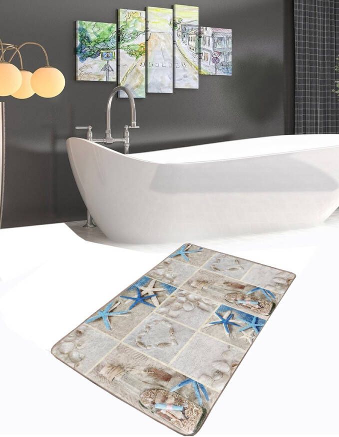 De Groen Home Badmat antislip -50x80 x 2 stuks Deurmat voor binnen Schelpen & zeester Wc mat Toiletmat